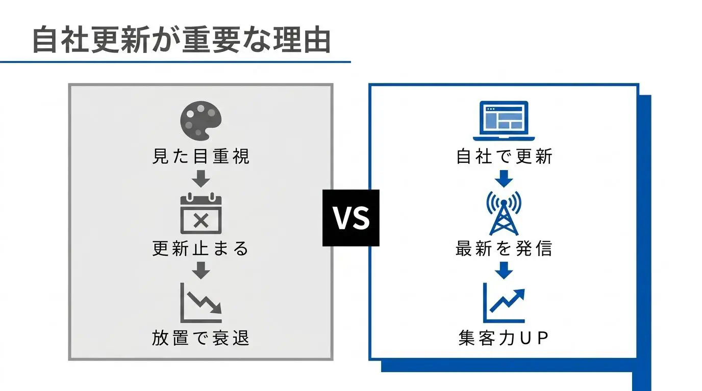 見た目重視で更新が止まり放置で衰退するケースと、自社更新で最新情報を発信し集客力が上がるケースを左右で対比した図解