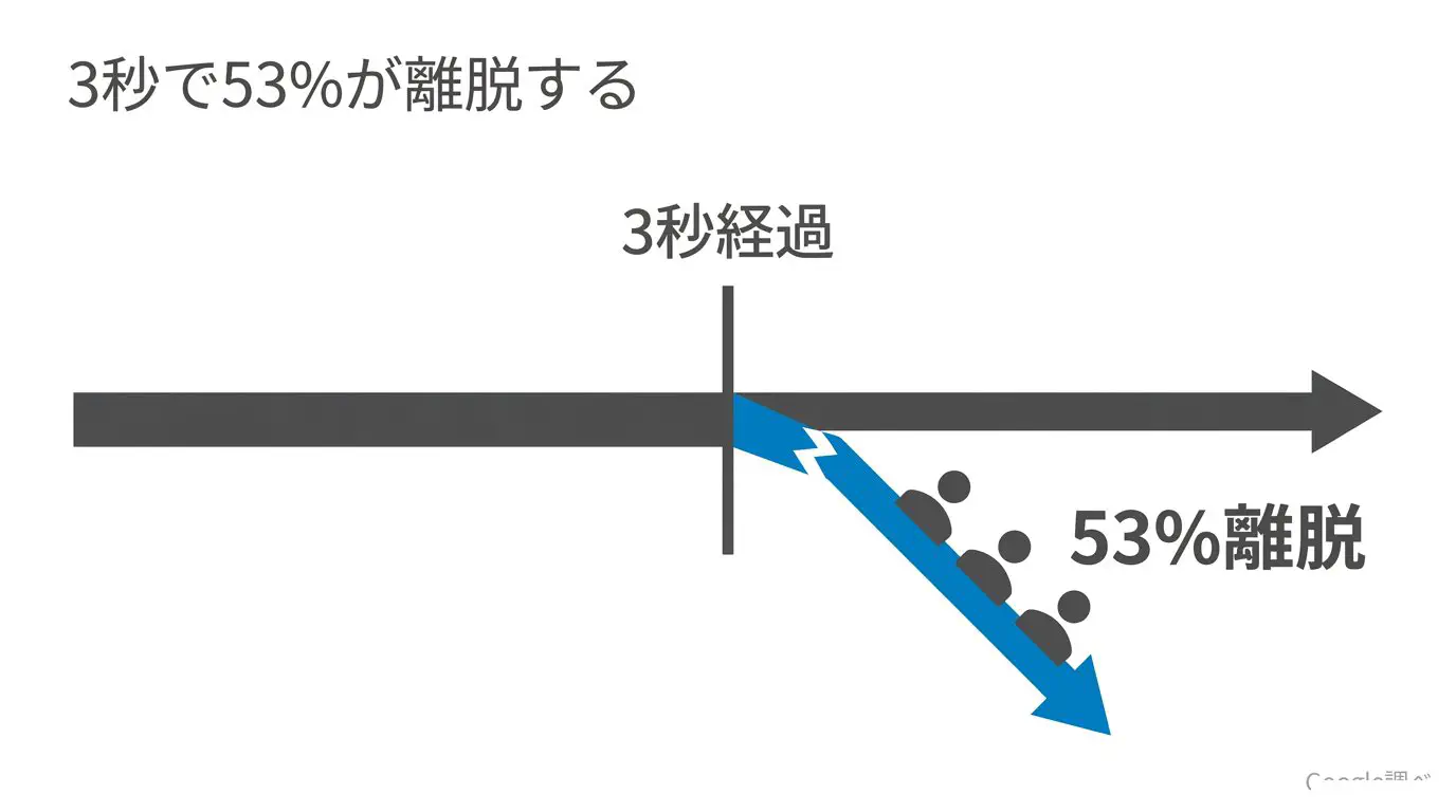 読み込み時間が3秒を超えると訪問の約53%が離脱する、という2016年Google調査のイメージ図。時間が延びるほど離脱が増える関係を示す