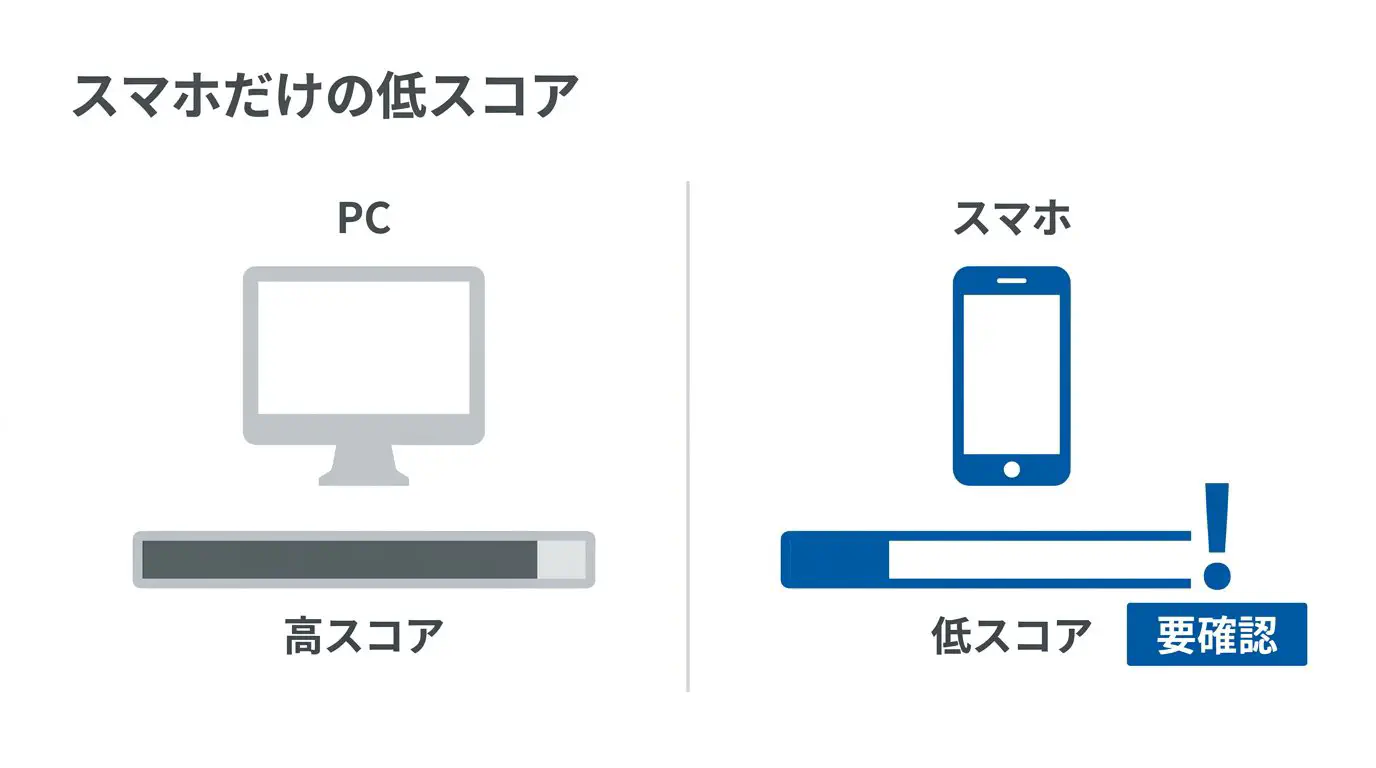 同じサイトでもPC表示は高スコア・スマホ表示だけ低スコアになる対比のイメージ。PageSpeed Insightsの「スマホ」タブを見るべきことを表す