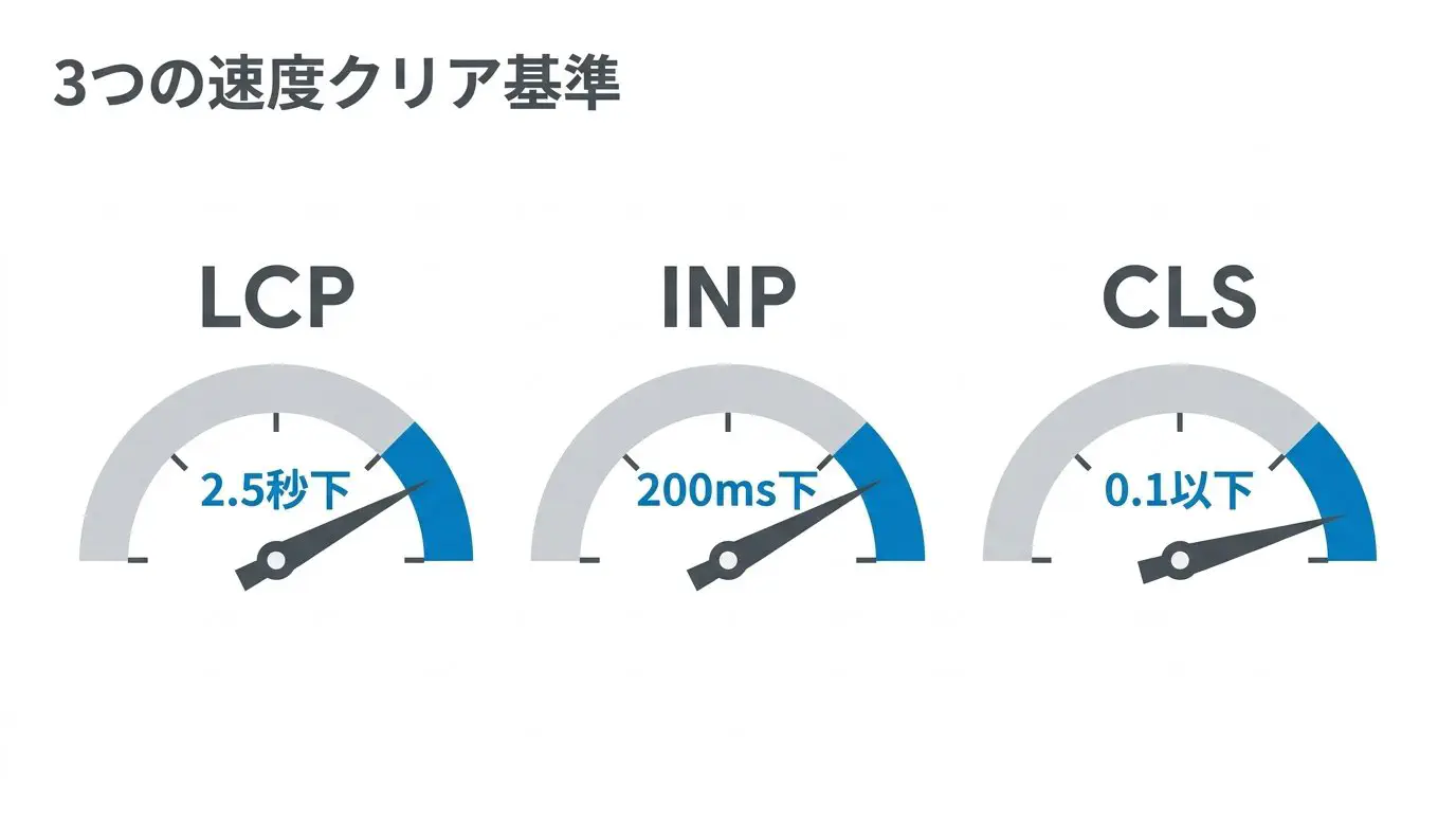 Core Web Vitalsの3指標の良好基準（LCP 2.5秒以下・INP 200ミリ秒以下・CLS 0.1以下）を並べたチャート