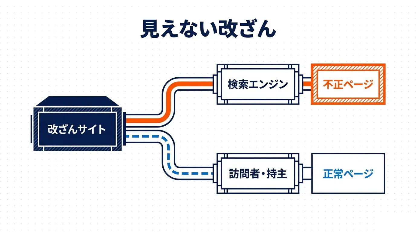 改ざんされたサイトが相手によって表示を変える仕組みの図。検索エンジンには不正なページを返し、一般の訪問者やサイトの持ち主には正常なページを見せるため、持ち主が気づきにくいことを示す