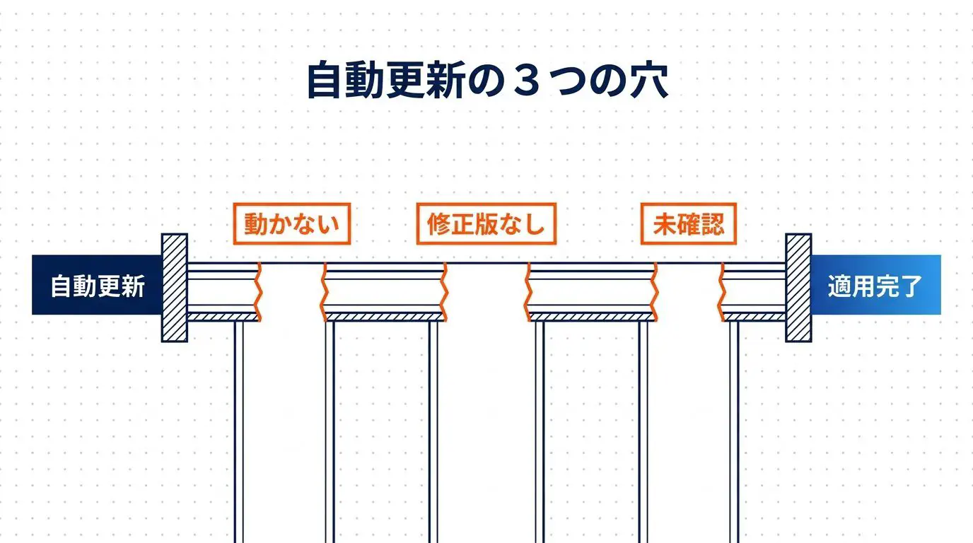 「自動更新オン」から「修正の適用完了」までの間にある3つの穴（動かない・修正版がない・適用されたか確認していない）を示す図