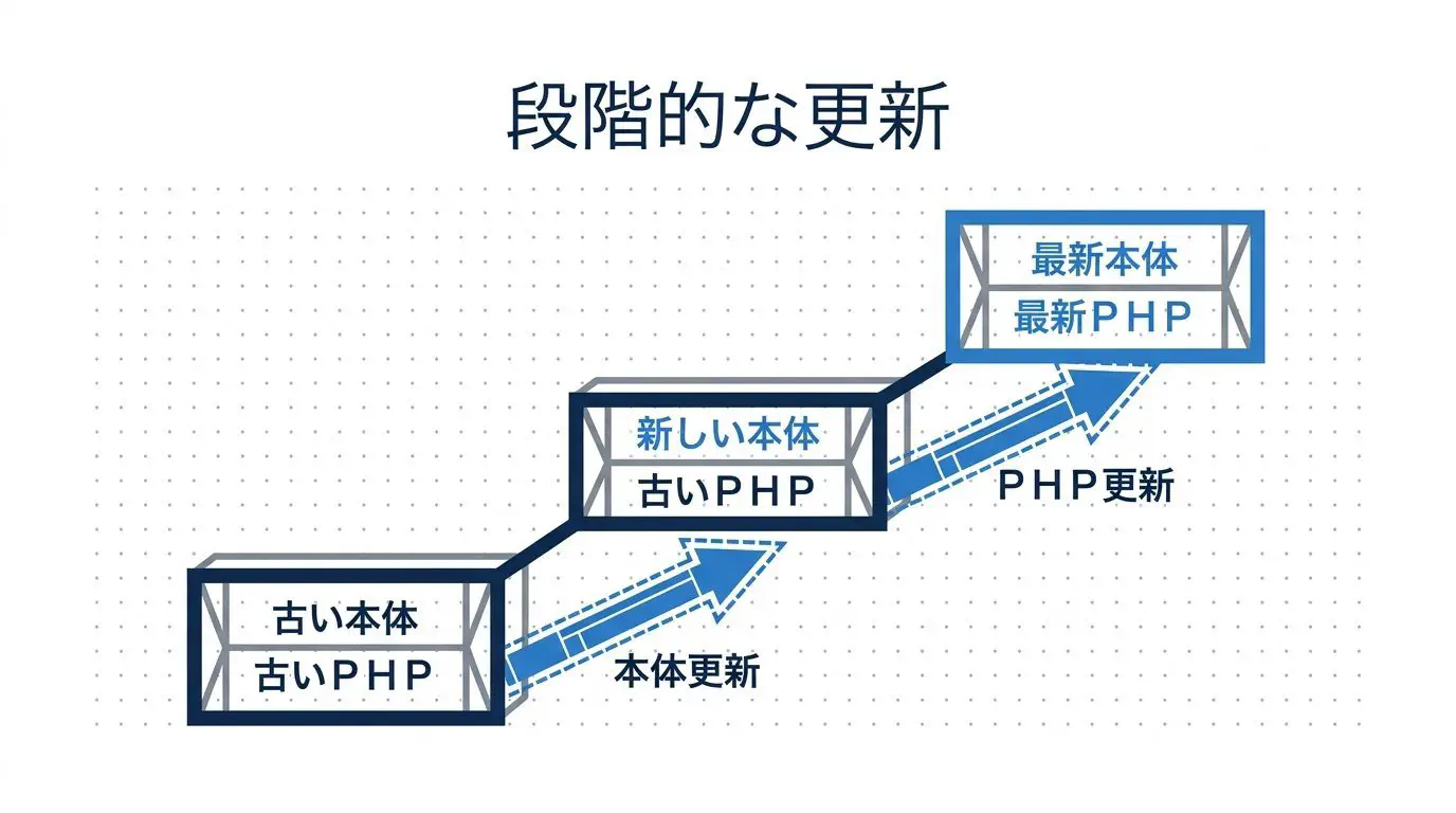 長く放置したWordPressを最新にする流れ。古い本体（例：4.8）とPHP（7.1まで対応）から、バックアップ→本体とPHPを対応範囲の中で交互に段階的に上げる→最新（7.x・推奨PHP 8.3以上）へ、という階段状の図