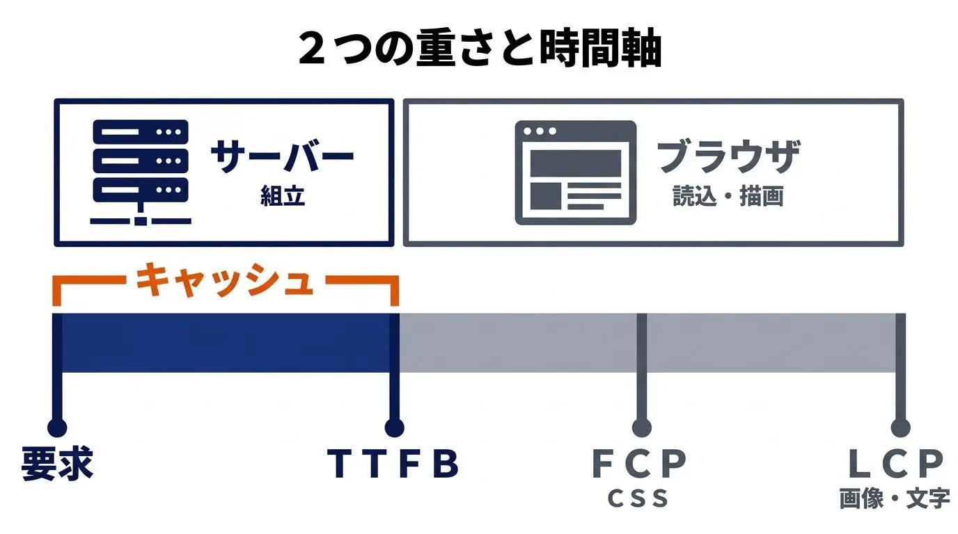 「組み立て」と「読み込み」の2か所を1本の時間軸に並べた図。左側がサーバーでの組み立て（TTFB）、右側がブラウザでの読み込み・描画（CSS・フォント・画像・JavaScript→FCP→LCP）。キャッシュが効くのは左側だけ、と示す