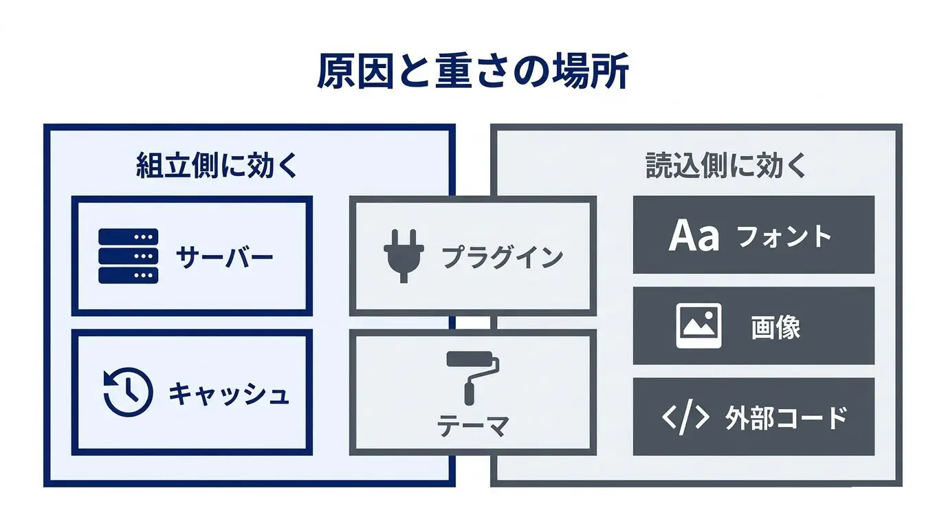 よくある4つの「重い原因」（プラグイン・テーマ・サーバー・キャッシュ）が、組み立てと読み込みのどちらに効くかを示すマトリクス図。サーバーとキャッシュは主に組み立て側、プラグインとテーマは両方、フォント・画像・外部スクリプトは読み込み側