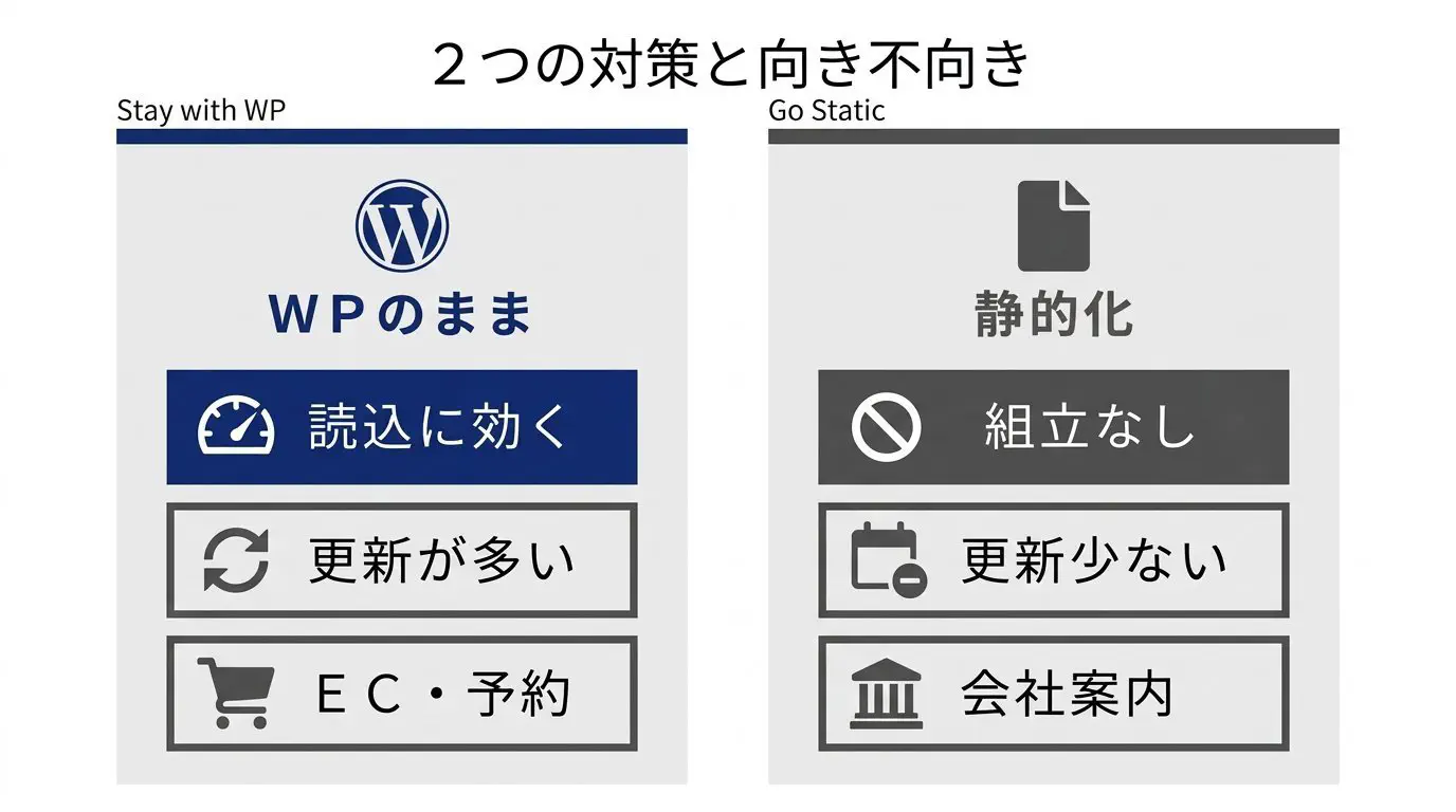 2つの打ち手の比較図。左「WordPressのまま軽くする」＝読み込み側（画像・フォント・スクリプト）とキャッシュに効く／更新が多い・EC・会員・予約のサイトに向く。右「静的化（組み立てをやめる）」＝組み立て側がなくなり、読み込み側は作り方次第／更新が少ない会社案内・作品紹介に向く