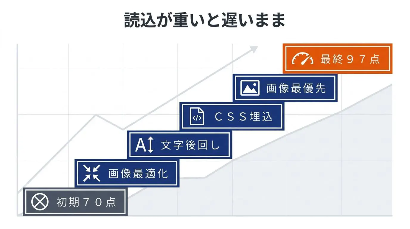 医局サイトの改善の流れを階段状に示した図。作業中の70点・LCP 11.9秒（静的なのに重い）→画像をWebP化・寸法調整→アイコンフォントの読み込みを後回し→CSSをHTMLに埋め込み→メイン画像をHTMLの画像タグにして最優先→最終97点・LCP 2.5秒