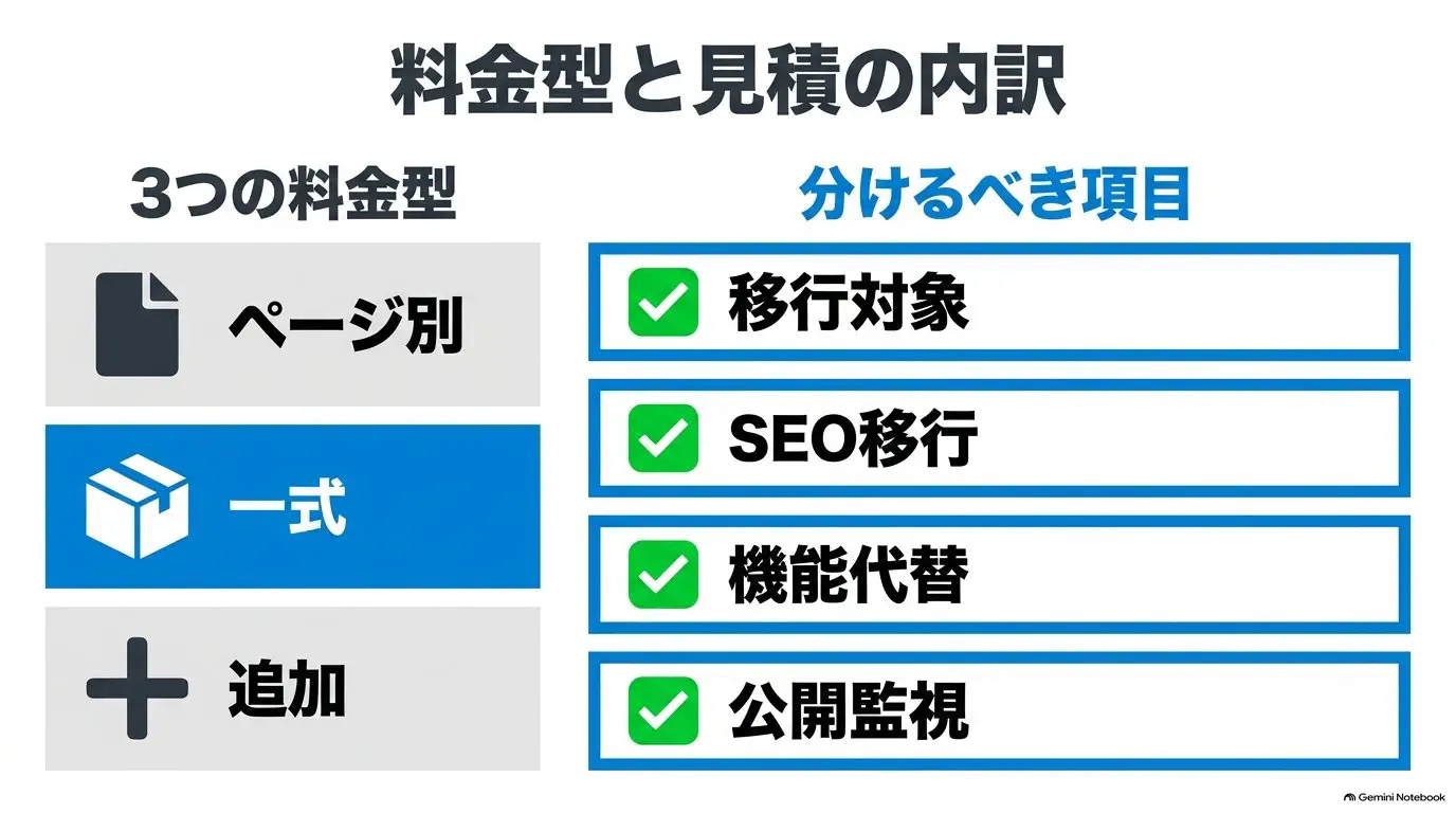 代行費用の3つの料金モデル（ページ数課金／一式見積もり／オプション）と、見積を分けるべき内訳項目を並べた図