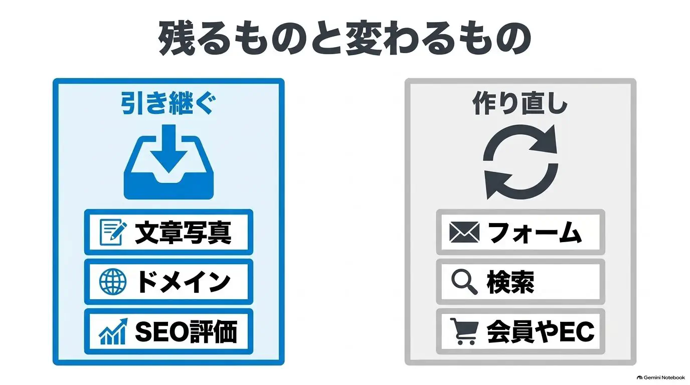 静的化で「引き継げるもの（文章・写真・ドメイン・メール・SEO）」と「作り直しになるもの（フォーム・検索・会員・EC・コメント）」に仕分けた図