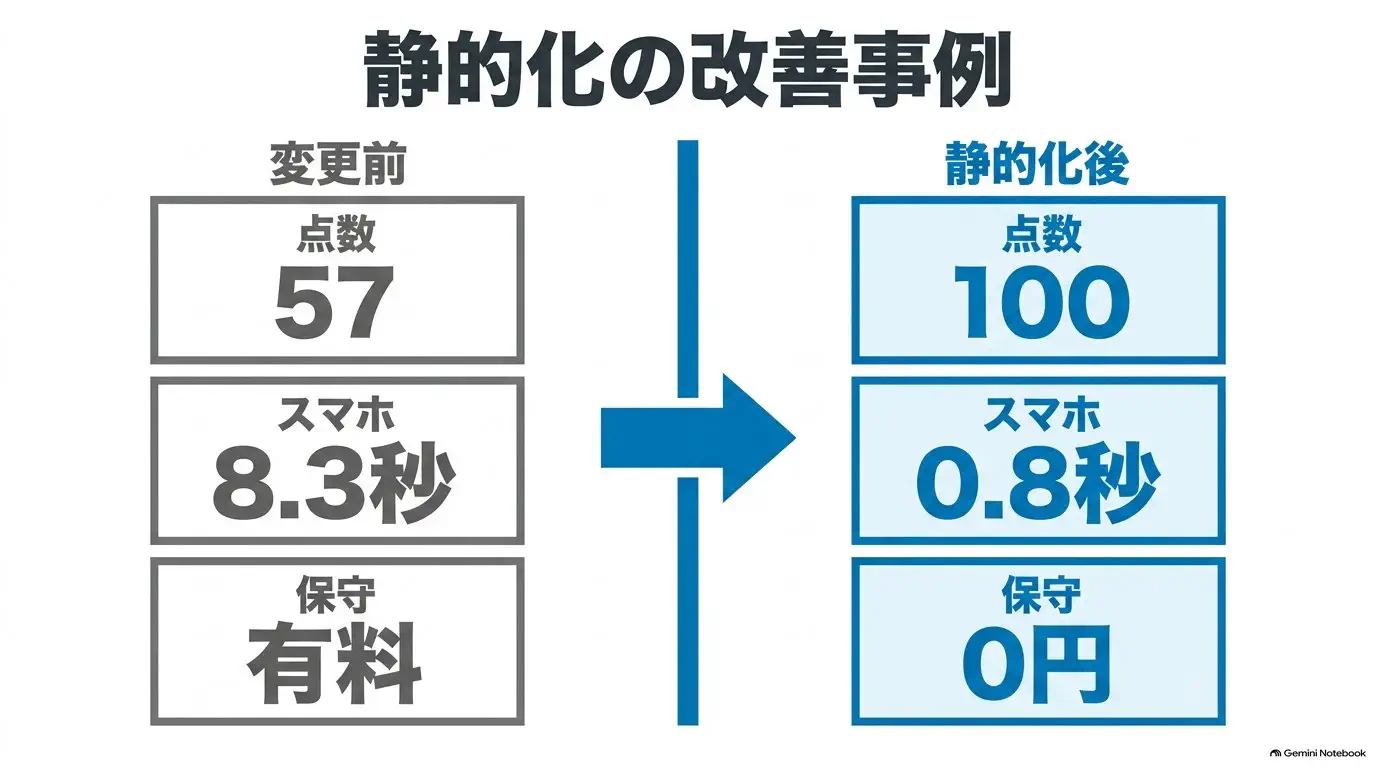 静的化の前後で PageSpeed 57点→100点・スマホ表示 8.3秒→0.8秒になったビフォーアフター図（一例）