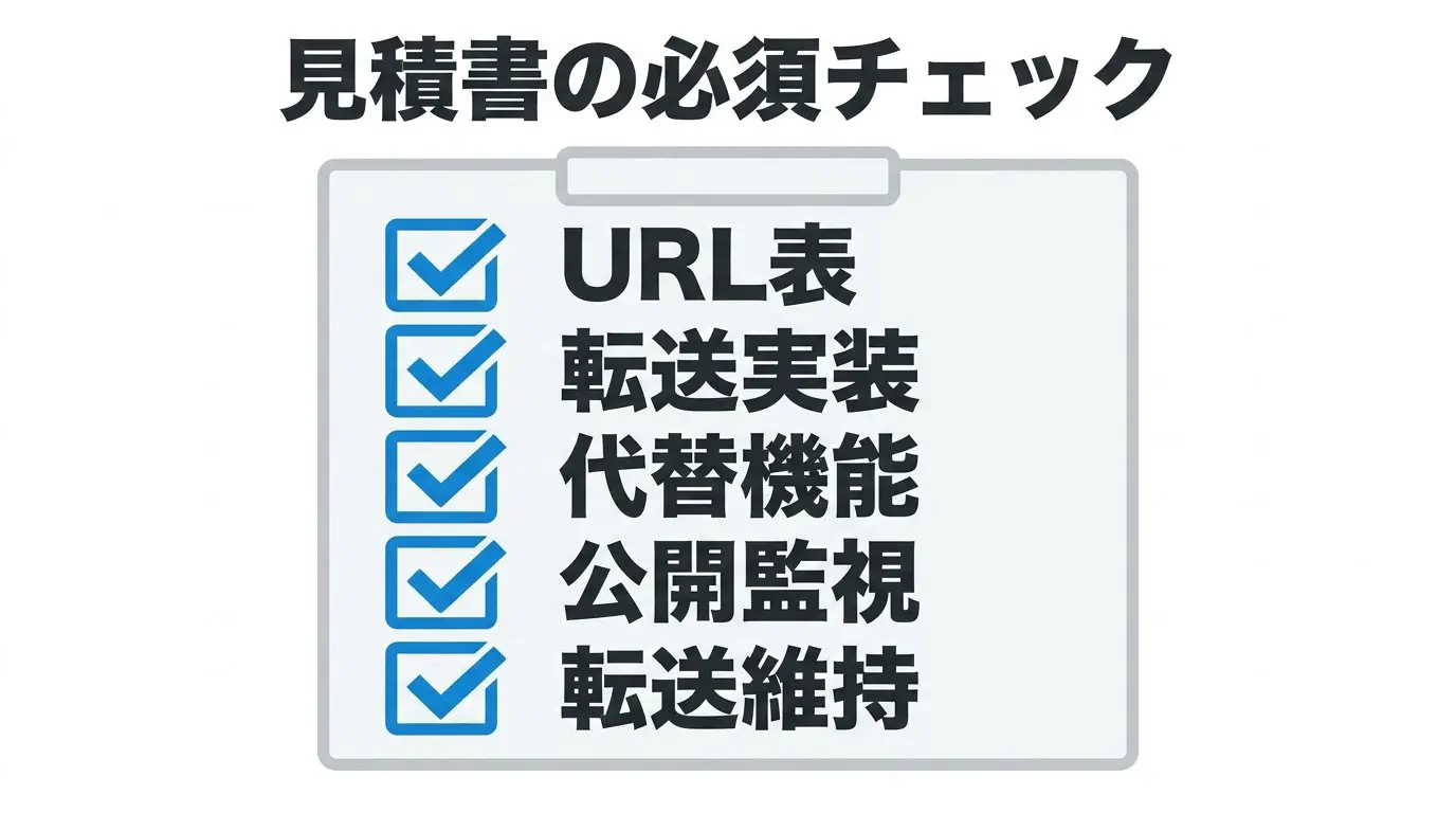 見積書に明記させたい項目（URL対応表CSV・リダイレクト実装場所・フォーム/検索の代替・公開後監視・301/308を最低1年）を並べたチェックリストの図