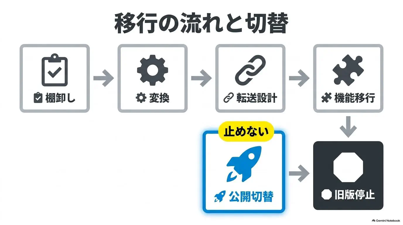 現状の棚卸し→データ変換→URL設計と301→フォーム移設→公開切替→旧環境停止、という移行の流れを順に並べたフロー図（切替時に表示は止めない）