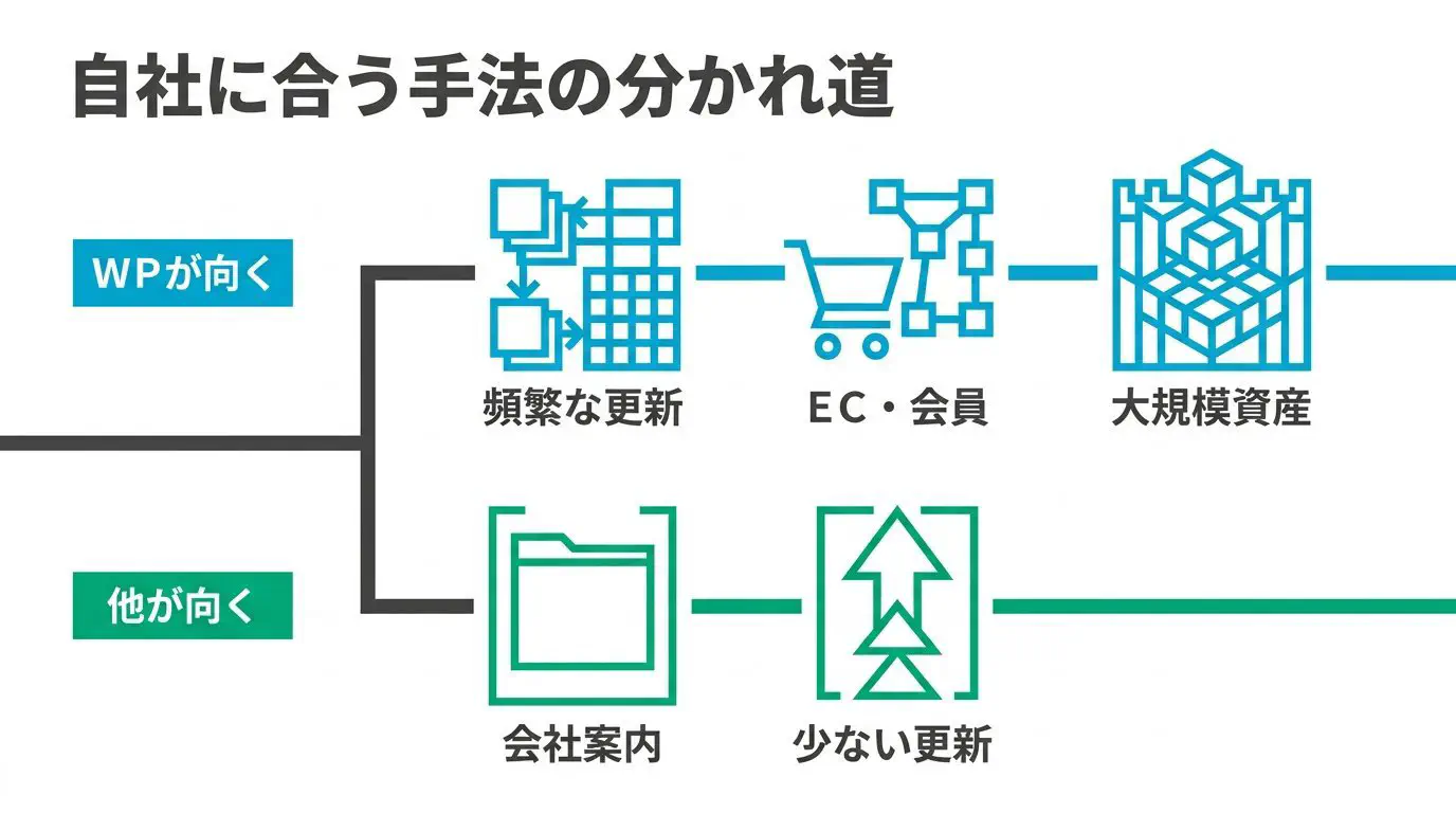 「WordPressのままが向く会社（頻繁更新・EC/会員・大規模既存資産）」と「他の選択肢が向く会社（会社案内中心・低更新）」の分かれ道を示した図