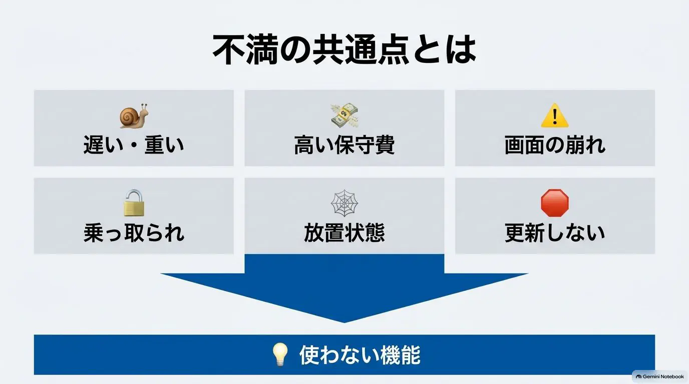 「重い」「保守費」「バージョンアップで崩れる」「乗っ取り不安」「放置」「更新しない」という6つのやめたい理由を並べ、共通点は"使わない機能に払い続けている"ことだと示した図