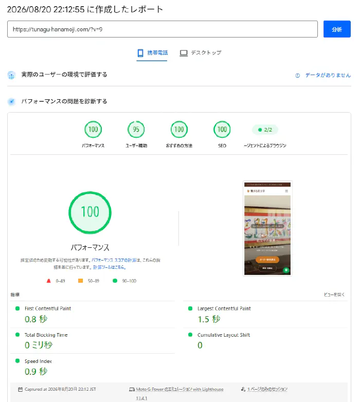 静的HTML化後のPageSpeed測定結果：パフォーマンス100点、表示0.8秒