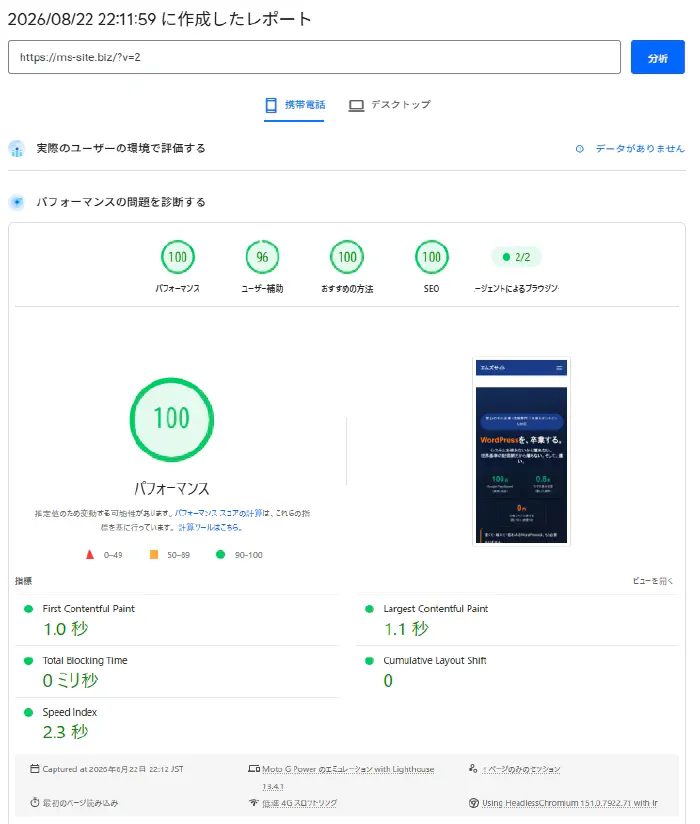 エムズサイト 静的化後のPageSpeed測定結果：パフォーマンス100点満点、表示開始1.0秒、LCP1.1秒