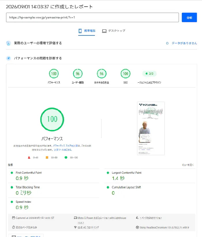 ヤマシナ印刷様 静的化後のPageSpeed測定結果：パフォーマンス100点満点、表示開始0.9秒、LCP1.4秒