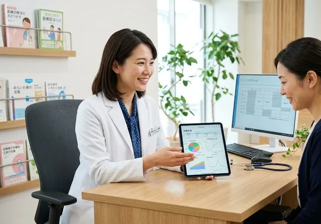 医師がタブレットで検査結果を患者に説明している様子