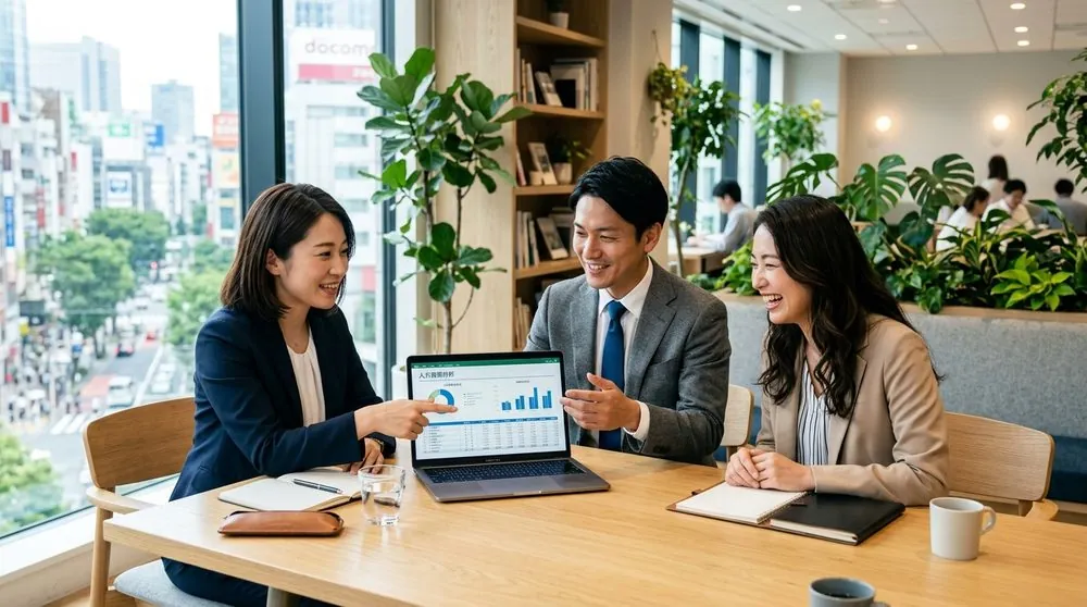 社労士と企業の人事担当者が、勤怠データを見ながら打ち合わせをしている様子