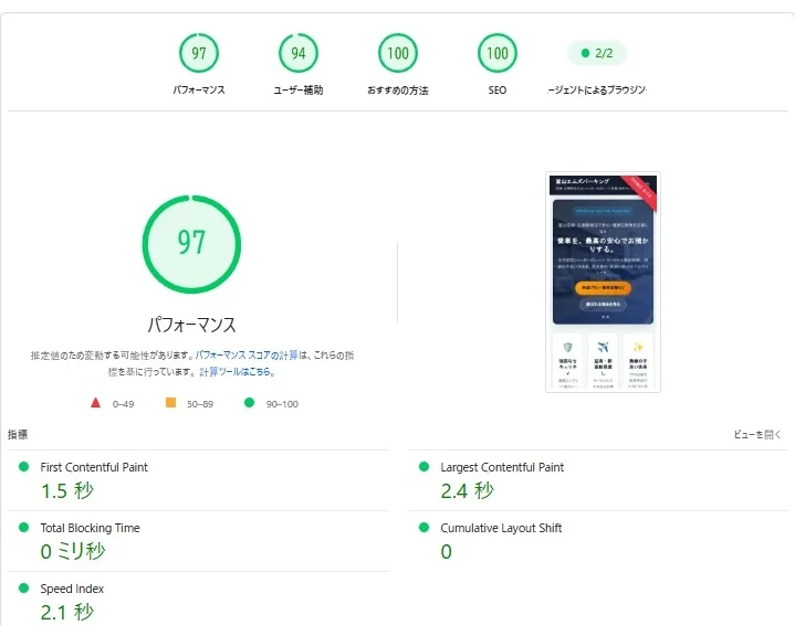 Google PageSpeed Insights 実測97点レポート